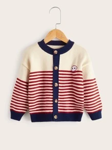 Toddler Girls Stripe Pattern Embroidery Patched Contrast Trim Drop Shoulder Cardigan - Multicolor - View 1