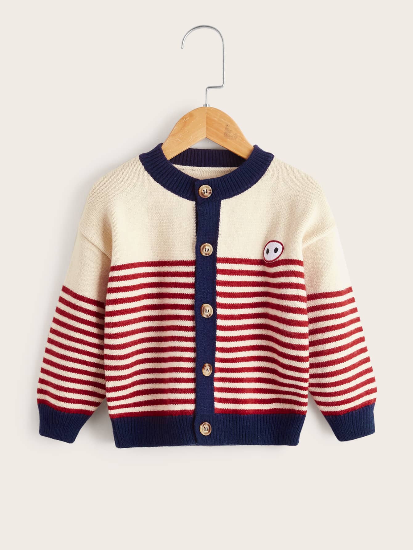 Toddler Girls Stripe Pattern Embroidery Patched Contrast Trim Drop Shoulder Cardigan - Multicolor - View 1