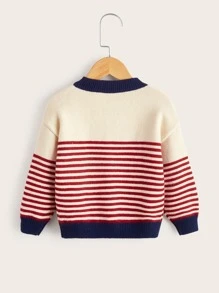 Toddler Girls Stripe Pattern Embroidery Patched Contrast Trim Drop Shoulder Cardigan - Multicolor - View 2