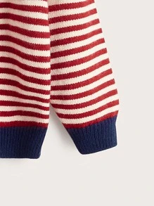 Toddler Girls Stripe Pattern Embroidery Patched Contrast Trim Drop Shoulder Cardigan - Multicolor - View 3