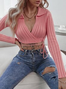 Ribbed Knit Surplice Neck Cardigan - Dusty Pink - View 3