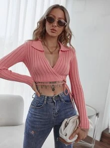 Ribbed Knit Surplice Neck Cardigan - Dusty Pink - View 4