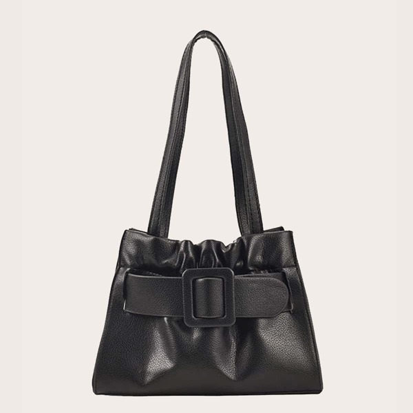 

Buckle Decor Drawstring Design Shoulder Bag, Black