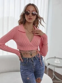 Ribbed Knit Surplice Neck Cardigan - Dusty Pink - View 5