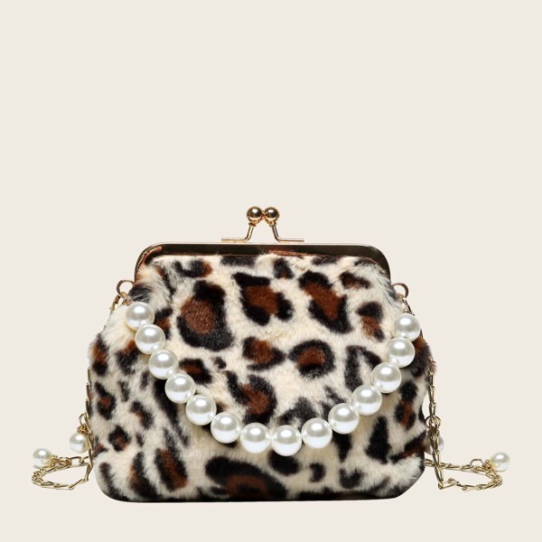 

Girls Leopard Graphic Faux Pearl Decor Satchel Bag, Multicolor