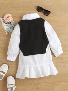 SHEIN 小女童不對稱背心和荷葉邊襯衫洋裝 - 黑與白 - 查看 2