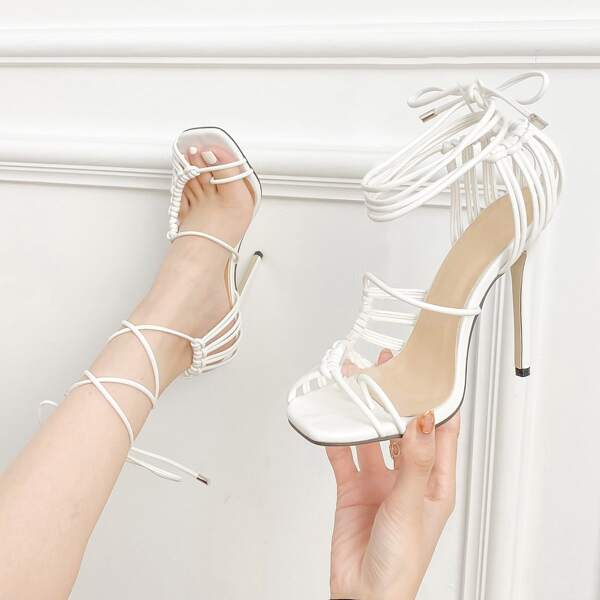 

Minimalist Stiletto Heeled Gladiator Thong Sandals, White