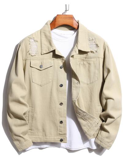 Manfinity Men Ripped Frayed Flap Pocket Denim Jacket Without Tee