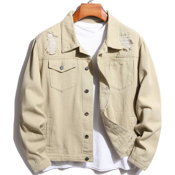 

Men Ripped Frayed Flap Pocket Denim Jacket Without Tee, Khaki