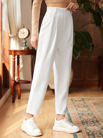 SHEIN Frenchy Fold Pleated Solid Cord Pants Winter White