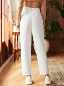 SHEIN Frenchy Fold Pleated Solid Cord Trousers - White - View 2