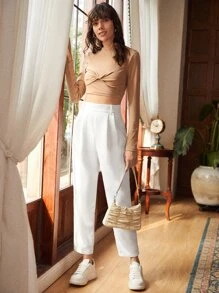 SHEIN Frenchy Fold Pleated Solid Cord Trousers - White - View 3