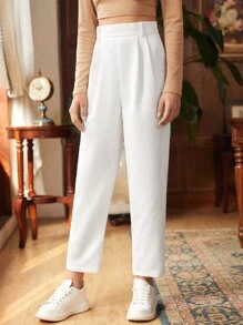 SHEIN Frenchy Fold Pleated Solid Cord Trousers - White - View 4