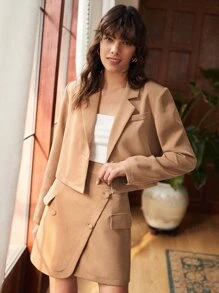 SHEIN 西裝領補丁口袋西裝外套和翻蓋細節半身裙 - 卡其色 - 查看 1