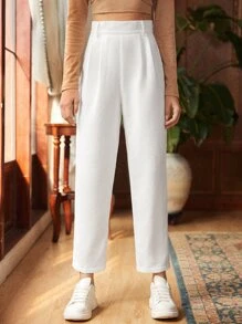 SHEIN Frenchy Fold Pleated Solid Cord Trousers - White - View 5
