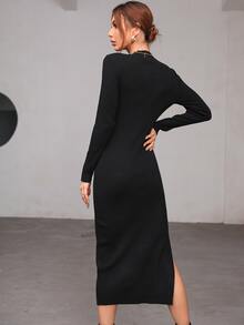Vestido de punto tejido de canalé bajo con abertura - Negro - Ver 2