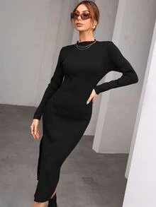 Vestido de punto tejido de canalé bajo con abertura - Negro - Ver 3