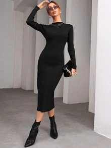 Vestido de punto tejido de canalé bajo con abertura - Negro - Ver 4