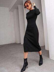 Vestido de punto tejido de canalé bajo con abertura - Negro - Ver 5