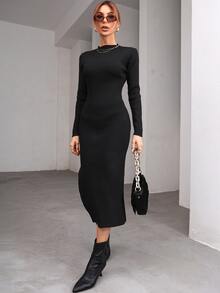 Vestido de punto tejido de canalé bajo con abertura - Negro - Ver 6