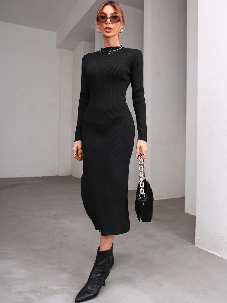 Vestido de punto tejido de canalé bajo con abertura - Negro - Añade 6