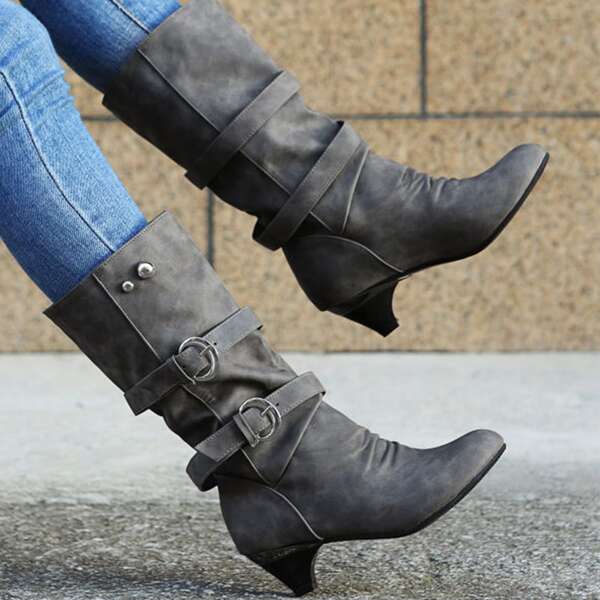 

Minimalist Buckle Detail Slouchy Boots, Grey
