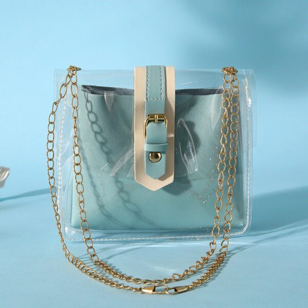 

Clear Buckle Decor Chain Bag With Inner Pouch, Blue
