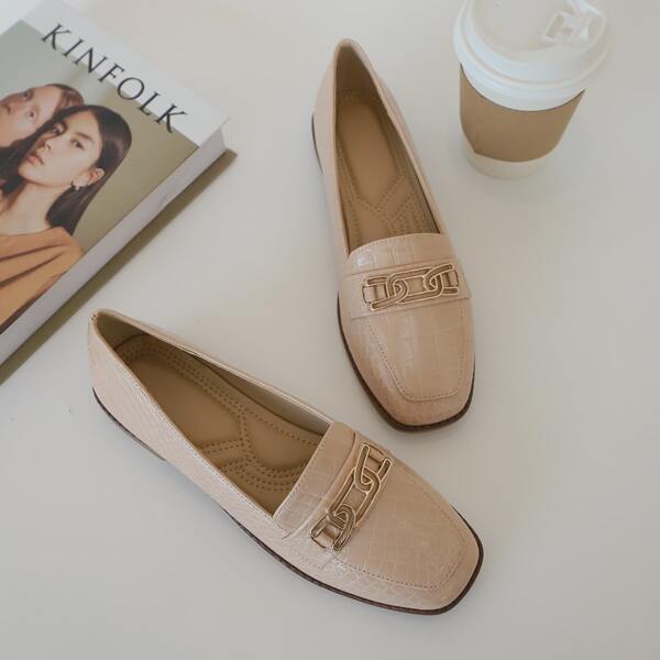

Metal Decor Crocodile Embossed Loafers, Apricot