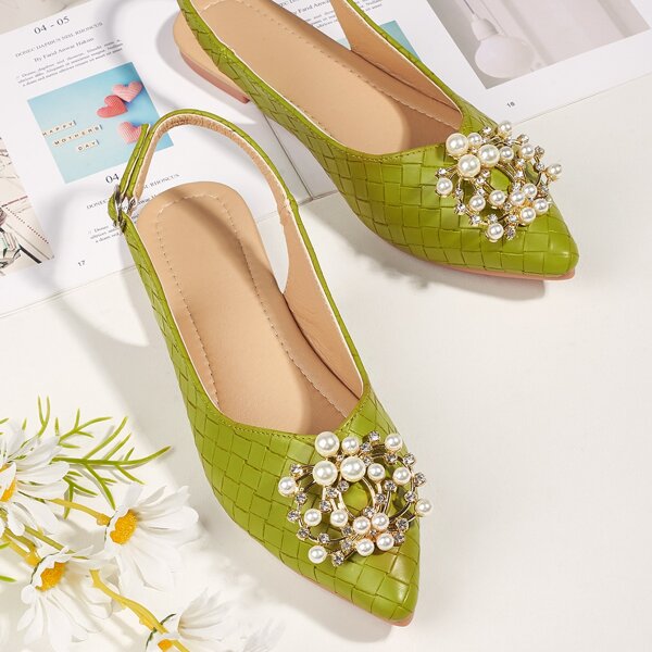 

Faux Pearl Decor Textured Slingback Flats, Green