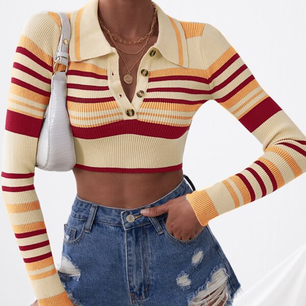 

Half Button Striped Crop Sweater, Multicolor