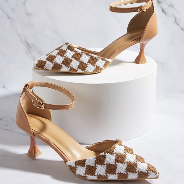 

Plaid Pattern Ankle Strap Court Pumps, Multicolor
