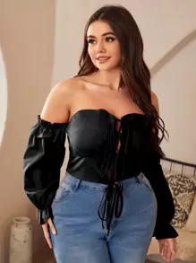 Camisa corta unicolor de hombros descubiertos con nudo delantero - Negro - Ver 1