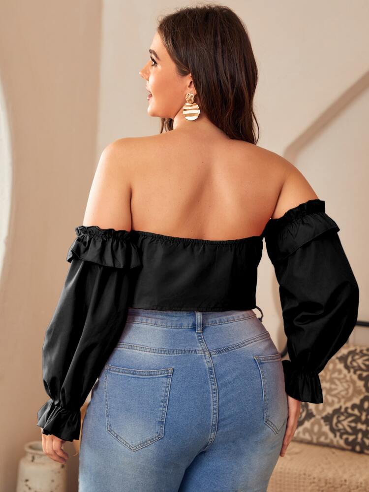 Plus Solid Off The Shoulder Knot Front Crop Blouse - Black - View 2