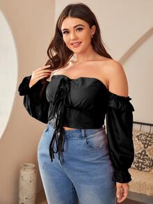 Camisa corta unicolor de hombros descubiertos con nudo delantero - Negro - Ver 5