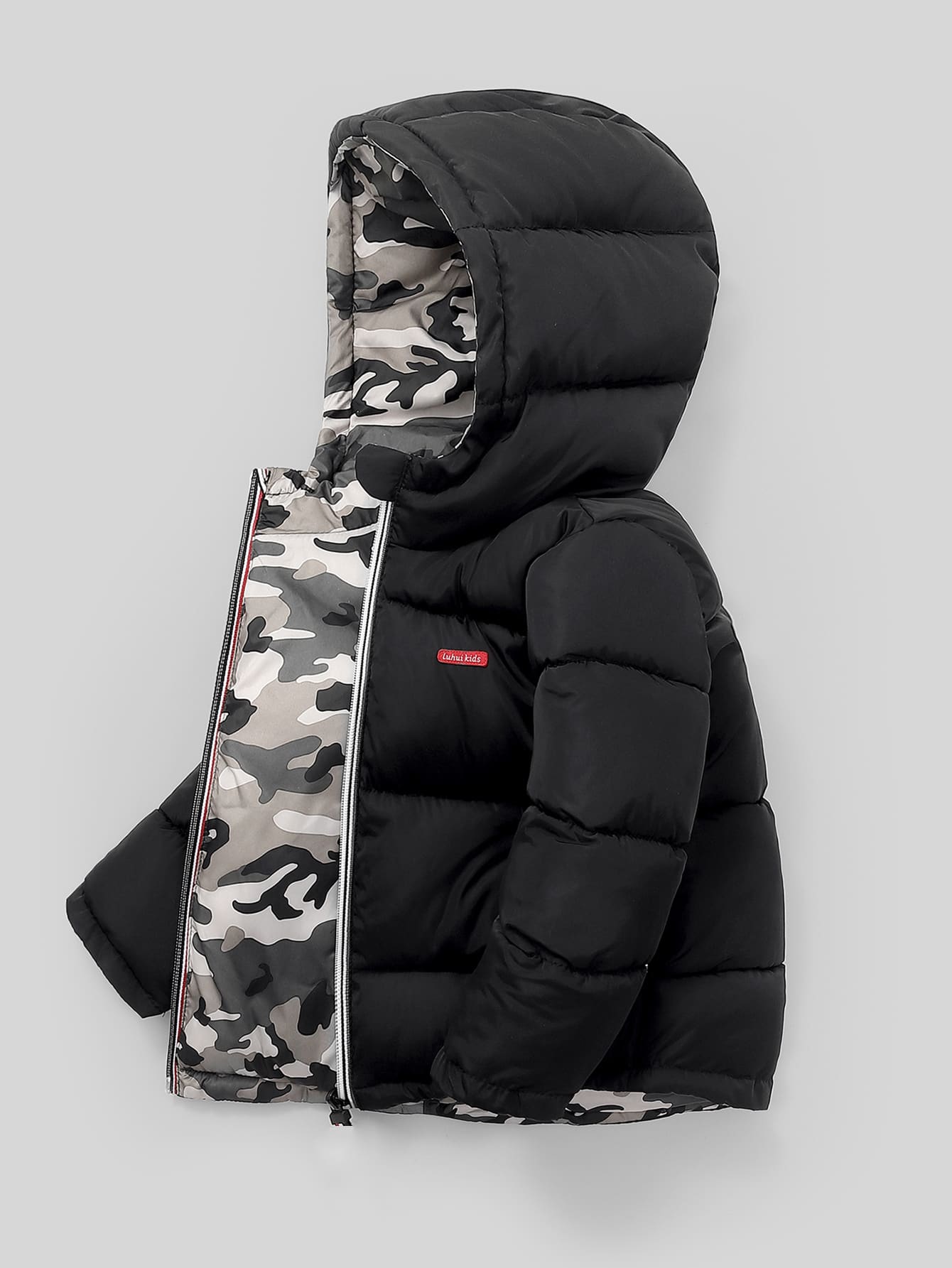 SHEIN Áo khoác có mũ trùm đầu in họa tiết Camo cho bé trai có khóa kéo - màu đen - Xem 1