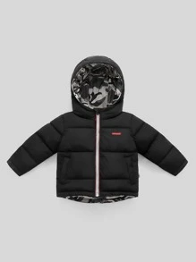 SHEIN Áo khoác có mũ trùm đầu in họa tiết Camo cho bé trai có khóa kéo - màu đen - Xem 2