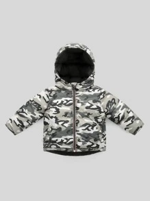 SHEIN Áo khoác có mũ trùm đầu in họa tiết Camo cho bé trai có khóa kéo - màu đen - Xem 3