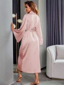 Bata de satén con cinturón, lujosa ropa de estar en casa, otoño, invierno - Rosa Pálido - Ver 2