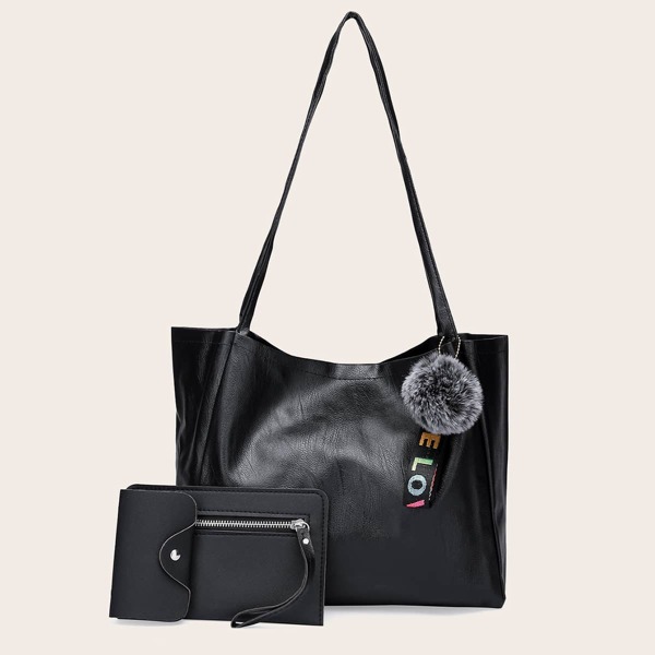 

3pcs Pom-pom Decor Tote Bag Set, Black