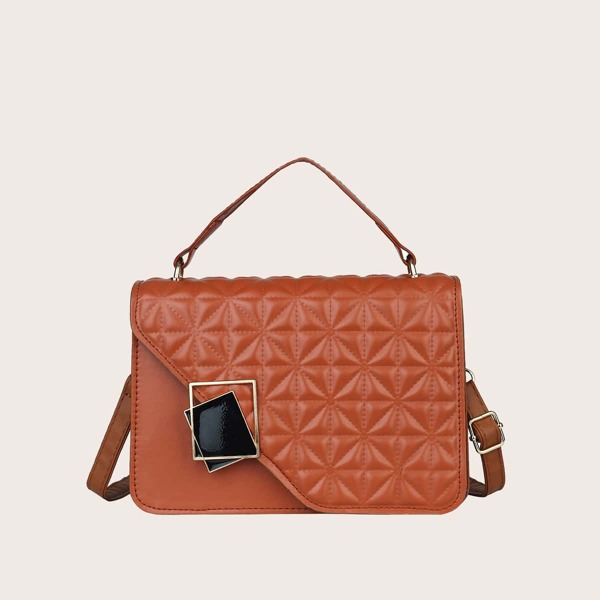 

Metal Decor Quilted Flap Square Bag, Brown
