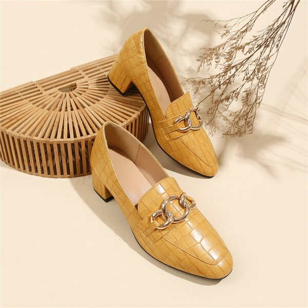 

Chain Decor Crocodile Embossed Chunky Loafers, Yellow
