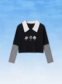 Libbyframe Áo thun nữ Tương phản ren Sọc Rau quả Giải trí - màu đen - Xem 1