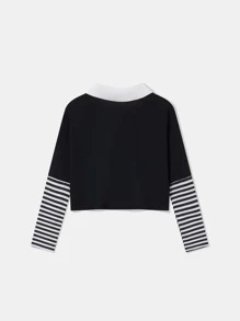 Libbyframe Áo thun nữ Tương phản ren Sọc Rau quả Giải trí - màu đen - Xem 2