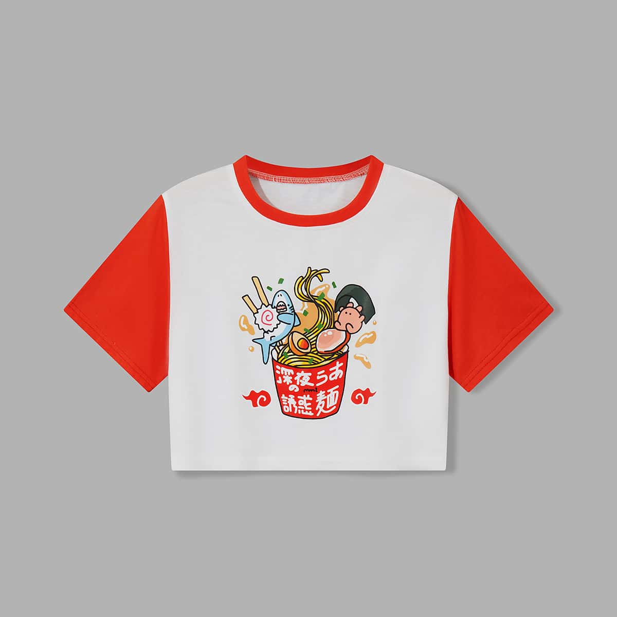

Cartoon Graphic Colorblock Crop Tee, Red and white