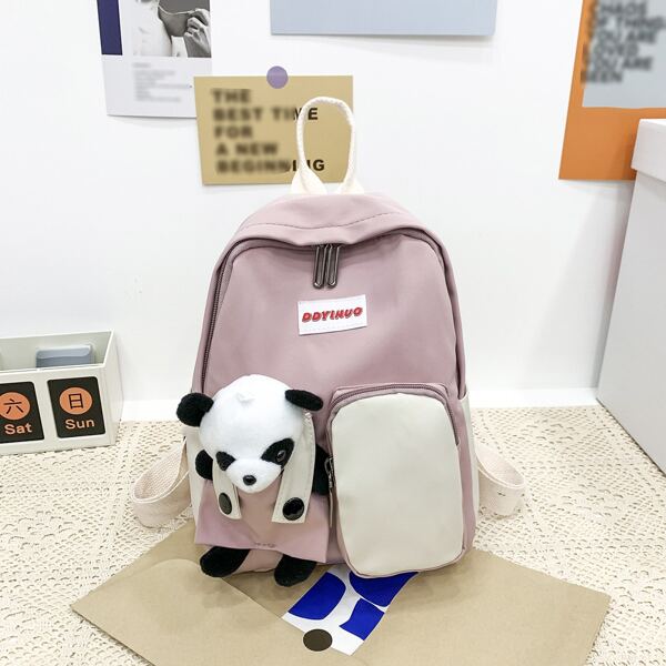 

Doll Decor Letter Patch Colorblock Backpack, Pink