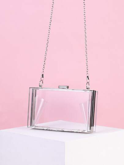 Vincy Glitter Handbag Clear Top Chain Box Bag Small Clear Acrylic Box Bag, Women's Chain Crossbody Evening Bag, Clip Clutch Purse For Party & Wedding