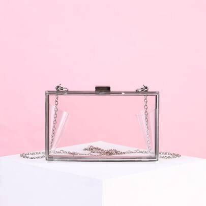 Borsa a mano glitter Vincy trasparente con coperchio trasparente a catena, piccola borsa a scatola in acrilico trasparente, borsa da sera a tracolla a