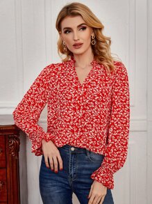 SHEIN 滿版印花荷葉袖襯衫 - 彩色 - 查看 1