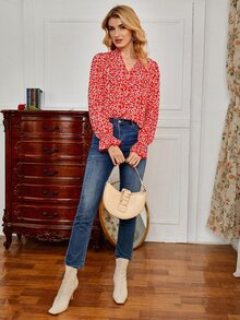 SHEIN 滿版印花荷葉袖襯衫 - 彩色 - 查看 5