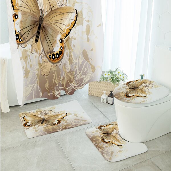 

1pc Butterfly Print Bath Rug Or 1pc Shower Curtain, Multicolor